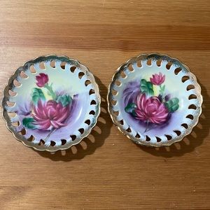 Two Vintage lattice plates porcelain flower painting gold trim saucer plate